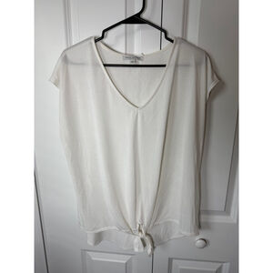 Green Envelope White Short Sleeve Tee with Tie Front, Size L